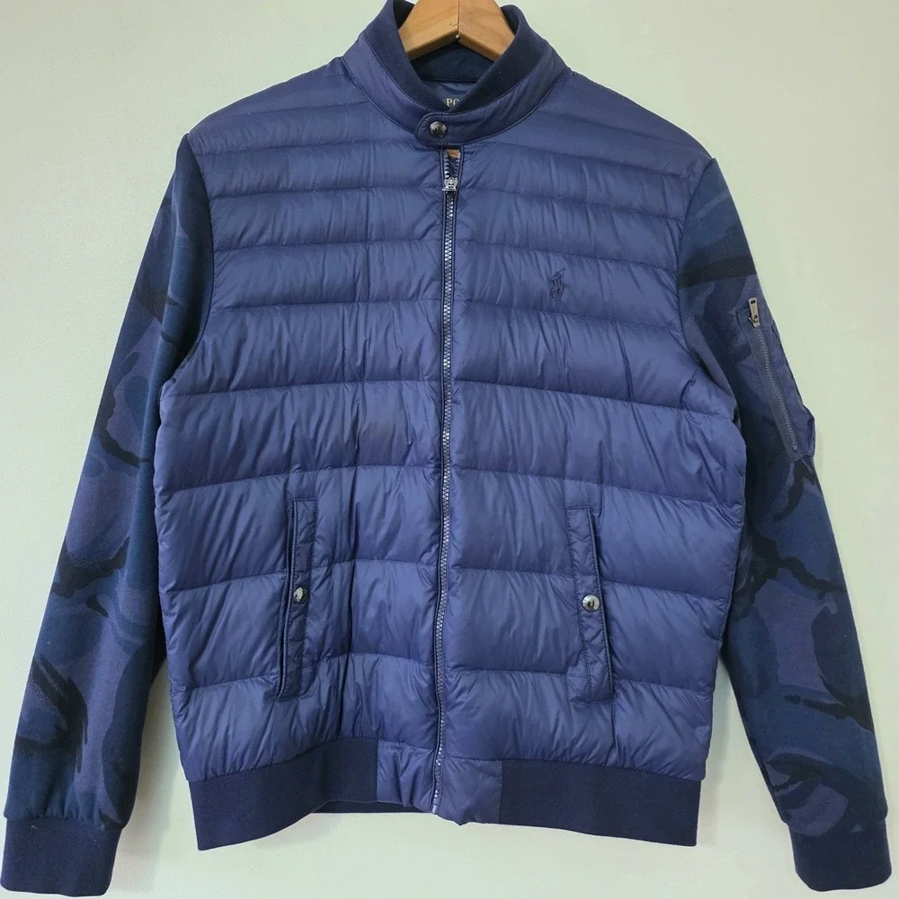 Polo Ralph Lauren Down Hybrid Jacket Sz M Blue‎ Camo Logo Quilt Preppy Old Money